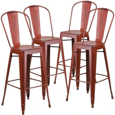 Imagen de Flash Furniture Juego de 4 taburetes Metal Envejecido 30 Pulgadas Alto para Interiores y Exteriores con Respaldo, Kelly Red, Unidades