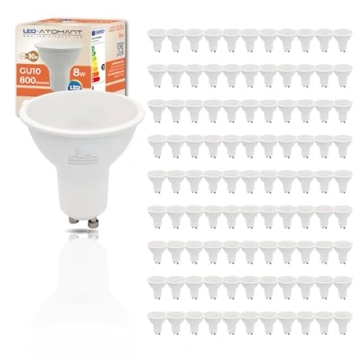 Imagen de LED ATOMANT Pack 100x Bombilla GU10 8W, Color Blanco Calido (3000K), 800 Lumenes, Halogeno equivalente a 80W tradicional