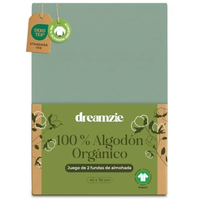 Imagen de Dreamzie Funda de Almohada 40x70 cm Algodón Orgánico Juego 2 100% Verde 70x40 Algodon con Cremallera Oeko Tex