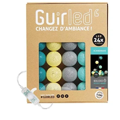 Imagen de GuirLED Guirnalda luminosa bolas de algodón LED USB Luz noche para bebé 2h Adaptador corriente dual 2A incluido 3 intensidades 24 2,4m Escandinavo