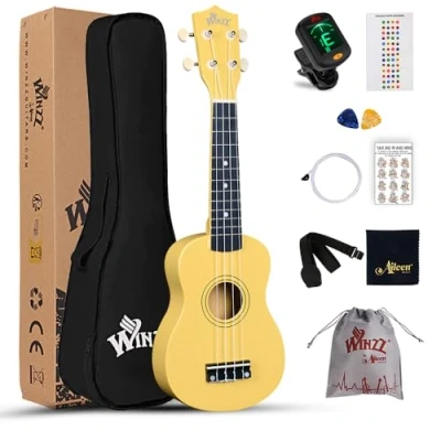 Imagen de Winzz Kit de iniciación ukelele soprano para principiantes con bolsa, afinador clip, cuerdas adicionales, correa, púa, adhesivo diapasón, tarjeta acorde, paño pulido, amarillo claro