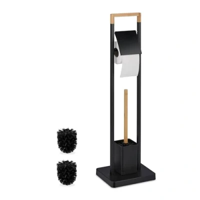 Imagen de Relaxdays Escobillero con Portarrollos de Baño y WC, Bambú Acero Inoxidable, Escobilla Recipiente, Negro Natural, 77 x 23 18 cm