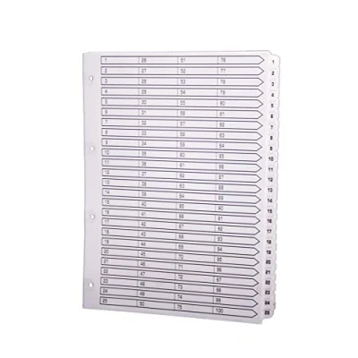 Imagen de Exacompta MWD1 100Z Separadores de cartulina blanca FSC® 160 g/m2 con 100 pestañas impresas digitalmente del 1 al y plastificadas Página índice imprimible Formato archivo A4