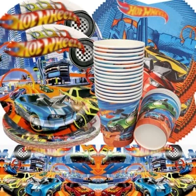 Imagen de Vajilla de Cumpleaños Coche Carreras,Doyomtoy Fiesta Coches Carrera Platos Servilletas Vasos para Niños 20 invitados