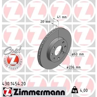 Imagen de ZIMMERMANN COAT Z 430.1454.20 Disco de freno 236 20 7/4 4 100 ventilación interna revestido OPEL: Astra F CC, Corsa B Hatchback, Kadett E CC