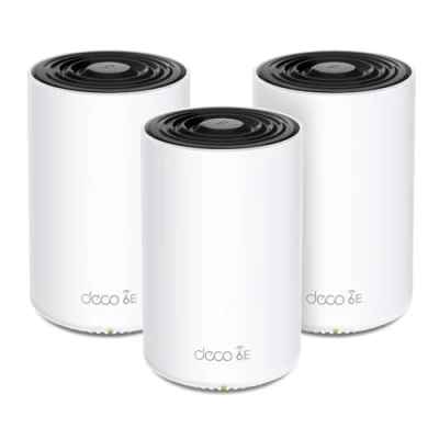 Imagen de TP Link Deco XE75 Pro(3 Pack) WiFi AI Mesh AXE5400, 6E, 1X Puerto 2.5 Gbps,2X 1G, Banda 6GHz, Ancho Canal de 160MHz,Cobertura 668 m2, Fácil Instalación,hasta 200 Dispositivos