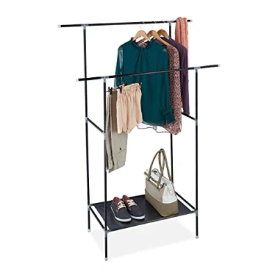Imagen de Relaxdays Burro, Metal y Tela, 2 Barras para Perchas, con Balda, Colgador Ropa Doble, 162x110x43cm Aprox, Negro, Hierro