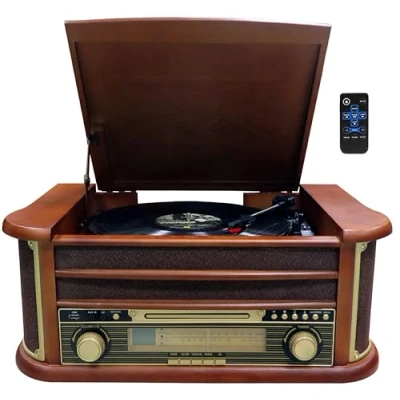 Imagen de Nostalgie Madera Minicadena Retro Equipos de Música equipo estéreo, tocadiscos, radio, reproductor CD, USB Reproducción, mando a distancia, función grabación MP3 Encoding: AUX IN integr laus tprecher