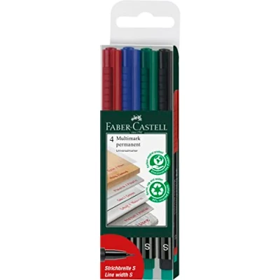 Imagen de Faber Castell 152304 Marcador MULTIMARK permanente, grosor: S, estuche de 4, contenido: 1x cada uno rojo, azul, verde, negro