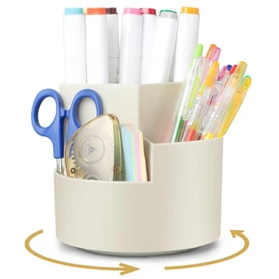Imagen de AiQInu Organizador Escritorio, Portalápices Giratorio, Portalapices Con 3 Compartimentos, Soporte para Lápices de 360 Grados, Gran Capacidad, Suministros Oficina en Casa (Blanco)