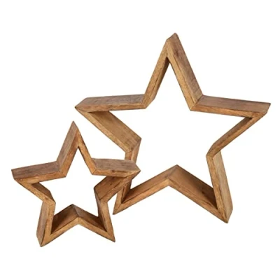Imagen de Juego de 2 estrellas madera mango 30/20 cm decoración estrella navideña para colocar Adviento, invierno, Navidad, mesa, ventana,