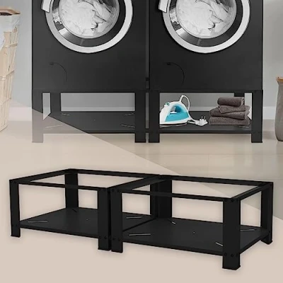 Imagen de ML Design Pedestal Doble para Lavadora o Secadora Negro 124 x 55 37 cm de Acero, Capacidad hasta 150kg x2 Soporte Base Estable y Robusta Bastidor Universal con 2 Baldas Estantes Extraíbles