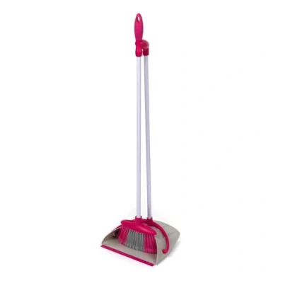 Imagen de Kleeneze KL062413EU Juego De Escoba Y Recogedor Con Mango Largo, Compacto Fácil Para Guardar, Incluye Un Palo Goma Recuperar Las Suciedades Los Pelos Mascotas Facilidad, Rosa/Gris