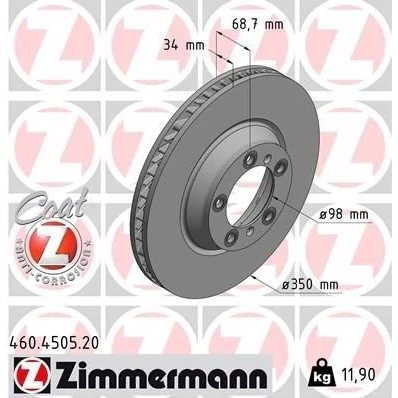 Imagen de ZIMMERMANN 460.4505.20 Disco de freno 350 34 7/5 5 130 ventilación interna revestido altamente carbonizado