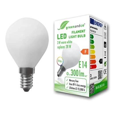 Imagen de greenandco Bombilla de filamento LED opaca IRC 90+ E14 G45 3W (corresponde a 28W) 300lm 2700K (blanco cálido) 360 230V AC vidrio, sin parpadeo