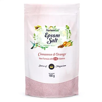 Imagen de Nortembio Sal de Epsom 180 g. Fragancia Canela Naranja. Baño Hidratada con Vitamina C y E. Relajación Músculos, Aromaterapia Buen Sueño. E Book Incluido.