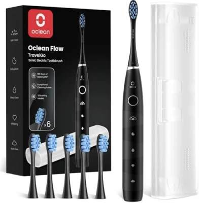 Imagen de Oclean Cepillo electrico sónico Flow TravelGo, Recarga cada 180 días, 5 Modos, IPX7 Impermeable, Temporizador de 2 minutos, 6 Cabezales DuPont™, Estuche viaje, Negro