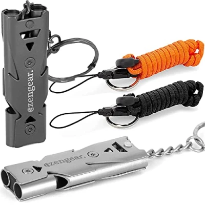 Imagen de aZengear Silbato Fuerte (2 Unidades) con Cuerda de paracaídas, Llavero, Golpe fácil, Resistente al Agua, Acero Inoxidable, para Emergencia, pasear Perros, Seguridad, niños, Acampar Aire Libre