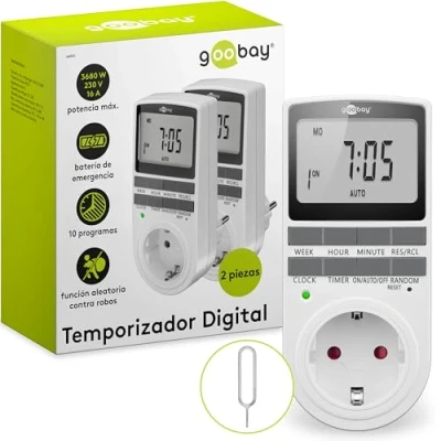 Imagen de goobay Juego de 2 temporizadores digitales 16 programas Toma corriente temporizador modo aleatorio para protección antirrobo incl. batería reserva 100 días 3680W 230V (AC) 16A 74215