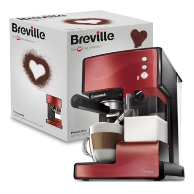 Imagen de Cafetera para espresso, cappuccino y latte Breville PrimaLatte Bomba italiana con 15 bar Depósito tratamiento de leche integrado Metálico/Rojo VCF046X