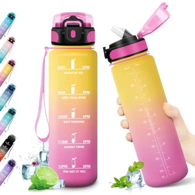 Imagen de KollyKolla Botella Agua 1 litro, Motivadora, de con Pajita, Prueba Fugas, Reutilizable Cantimplora para Adulto, Colegio, Gimnasio, Oficina, Bicicleta, Gym, Fitness