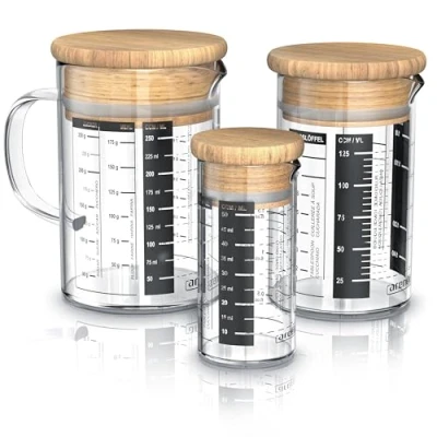 Imagen de Arendo Set de Jarras dosificadoras vidrio 250 + 125 50ml (0,25l 0,125l 0,05l), Vaso medidor cocina transparente, Jarra borosilicato, Junta silicona, medidora