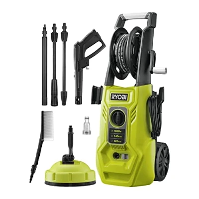 Imagen de RYOBI Hidrolimpiadora de Alta Presión 1800W, 140 Bares, 420l/h 2 Lanzas (Vario y Turbo) 1 Cepillo Multisuperficie, Limpiador Superficies Ø 25 cm Depósito Detergente 0,9l RY140PWA