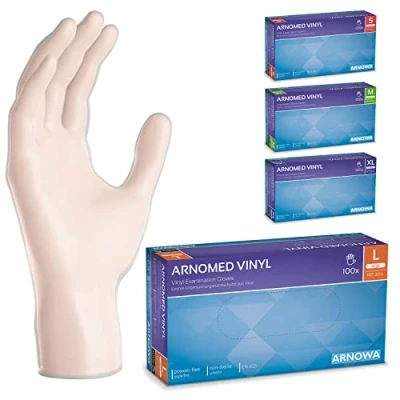Imagen de ARNOMED guantes vinilo sin polvo talla L, 100 unidades/caja, de polvo, transparentes, desechables, desechables S, M, L y XL