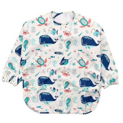Imagen de Baby Sailors Baberos Bebe Impermeables con Mangas Babero Impermeable 6 meses o Más, Babetes Impermeável Bebe, BLW, Elastico, velcro (Blanco Ballena)