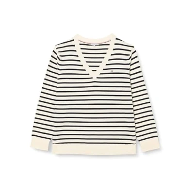 Imagen de Tommy Hilfiger Women&#039;s CRV CO Jersey Stitch V NK SWEATR Pullover Sweater, Ivory Petal/Deseret Sky STP, 48