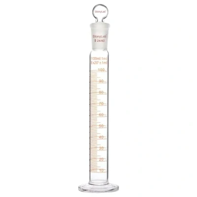 Imagen de stonylab Matraz Medidor con Tapón, Graduado de Vidrio Borosilicato Pared Gruesa 100 ml Junta Estándar 24/40 y Tapón Cabeza Plana, 1 Paquete
