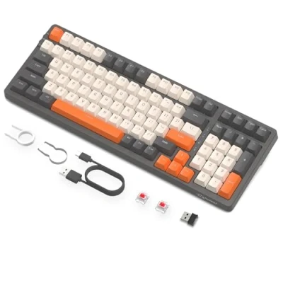 Imagen de Teclado Mecánico Inalámbrico de Intercambio en Caliente para Juegos, Retroiluminado RGB con cable,Interruptor Rojo, Bluetooth/2,4 Ghz/USB C Batería 4000 mAh Mac/Win Gris/Naranja