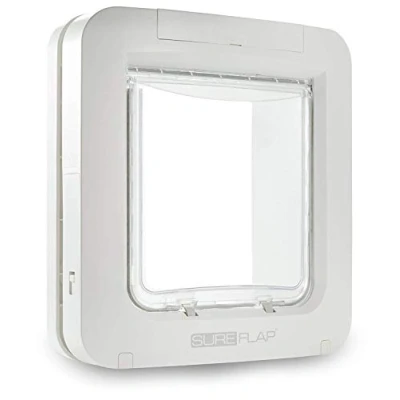Imagen de Puerta SureFlap Sure Petcare con Lector de Microchip y Placas identificación RFID para Gatos Perros pequeños Toque Queda, Control 1 botón, Blanca; Necesita 4 Pilas C (no Incluidas).
