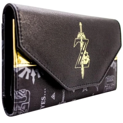 Imagen de Zelda Breath of The Wild Wake Up Link Emblema de la Espada Dorada Cartera Tri Fold para Monedas, ID &amp; Tarjetas, Negro