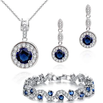 Imagen de Crystalline Azuria Mujer 18ct Chapado en Oro Blanco Zafiro simulado Azul Cristales de Zirconia Redondo Juego joyas Collar con Colgante 45 cm Pendientes Pulsera