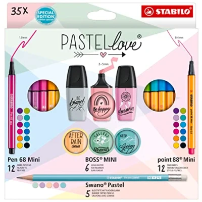 Imagen de Estuche STABILO Pastellove Collection con 12 rotuladores premium Pen 68 Mini, punta fina point 88 6 marcadores mini 2.0 y 5 lápices de grafito Swano Pastel