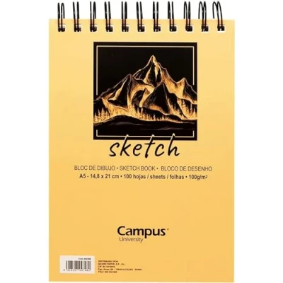 Imagen de Campus University Bloc de Dibujo Sketch A5 Cuaderno Bocetos con Espiral 100 Hojas gramos en Blanco para Carboncillo, Lápiz, Ceras, Pastel, Esbozos
