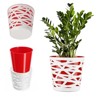 Imagen de KADAX Maceta, macetero, maceta redonda de plástico, para flores, plantas, balcón, interiores, ligera, moderna (19 cm, rojo)