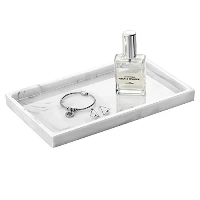 Imagen de Emibele Bandeja de Baño Joyería con Medio Tamaño, Plato para Organización Cuarto Baño, Tocador, Hogar Accesorio Ideal Guadar Perfume, Jabón Cosas Pequeñas, Mármol blanco