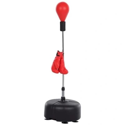 Imagen de HOMCOM Saco de Boxeo Pie Punching Ball con Altura Ajustable en 136 154 cm y Base Rellenable Pera Soporte Guantes para Adultos Adolescentes Rojo