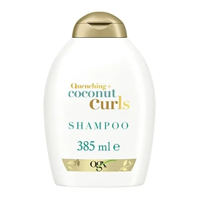 Imagen de OGX Quenching + Coconut Curls Shampoo, champú para pelo rizado con aceite de coco, cítricos y miel dulce, hidratante ondas rizos, sin sulfatos ni parabenos, 1 x 385 ml