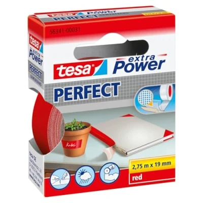 Imagen de tesa Extra Power Perfect Cinta de Reparación Reforzada en Tela para Confeccionar, Reparar, Fijar, Reforzar y Etiquetar Rojo 2.75 m x 19 mm