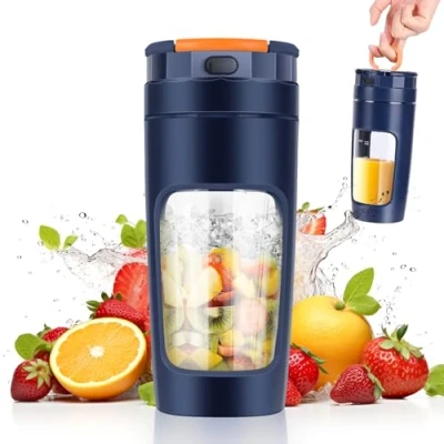 Imagen de 600 ML Batidora portátil, Mini Licuadora, Minibatidora con Cuchilla de Acero Inoxidable 4 Puntas, Multifunción, taza exprimidor recargable por USB para hogar/oficina/exteriores (Azul)