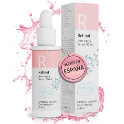 Imagen de Serum Retinol puro para la cara 30ml, Antimanchas ( 86% Manchas) + Reduce las Arrugas un 63% en Contorno Ojos y Cara+ Ojeras Piel Joven, Uniforme Radiante Elemental Care