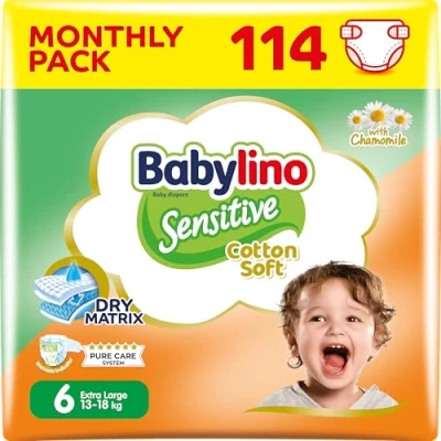 Imagen de Babylino Sensitive Cotton Soft, Pañales Bebé Talla 6, Extra Large (13 18 kg), 114