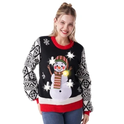 Imagen de JOYIN suéter feo de Navidad para mujer, divertido con bombillas, navideño, negro y blanco, M