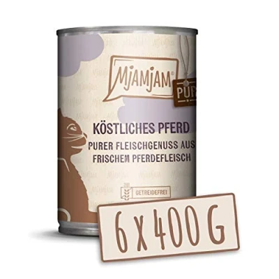 Imagen de MjAMjAM comida húmeda premium para gatos puro placer de la carne delicioso caballo, paquete 6 (6 x 400 g), sin cereales con extra