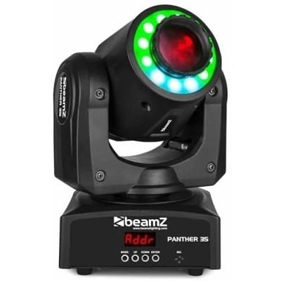 Imagen de BeamZ Panther 35 Foco Proyector Movil LED Spot Blanco 35W con Anillo LED, Luz Estroboscopica Discoteca, Ángulo Beam 11, 7 Colores, Gobos, 8 Programas de Control, Activación por Sonido y DMX