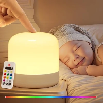 Imagen de Luz Nocturna Infantil Bebe Nocturna,10 Colore Dimmable Lampara Noche,2400mAh+Remoto Quitamiedos Lamparas sin Cables,Temporizador Mesita Noche Cable