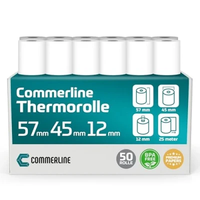 Imagen de Commerline rollos de papel térmico 57 mm x 45 12 mm, 25 metros, 50 rollos, EC, térmico, caja registradora